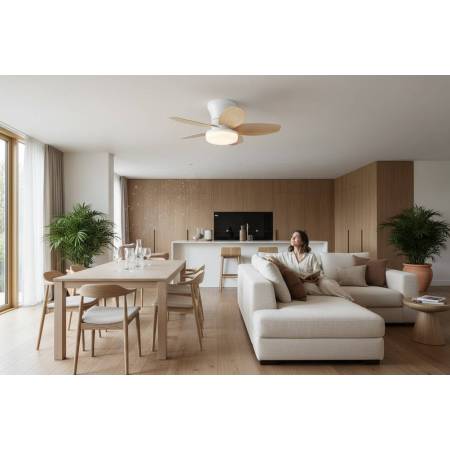 Ventilador Blanco-Madera Haran Alda Iluminacion