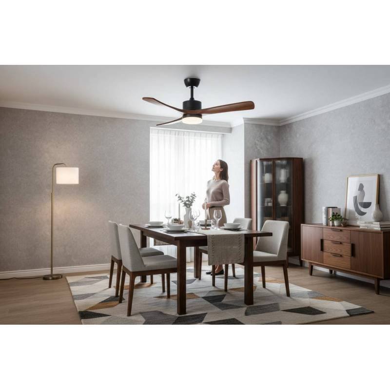 Ventilador Negro Madera Roble Hellin Alda Iluminacion